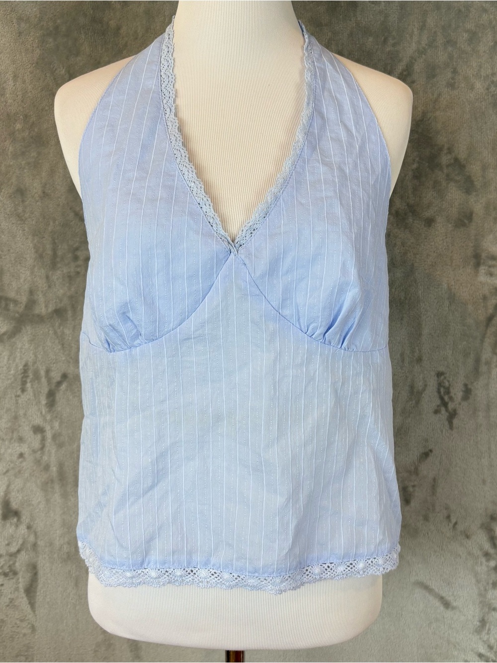 NWT Light Blue Pinstripe Lace Trim Halter Tank Top Pacsun Wmn’s L
